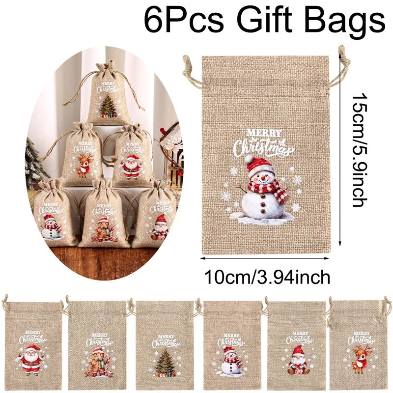 Ensemble de 6 sacs cadeaux de Noël en lin/toile de jute avec cordon de serrage