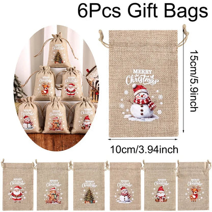 Ensemble de 6 sacs cadeaux de Noël en lin/toile de jute avec cordon de serrage