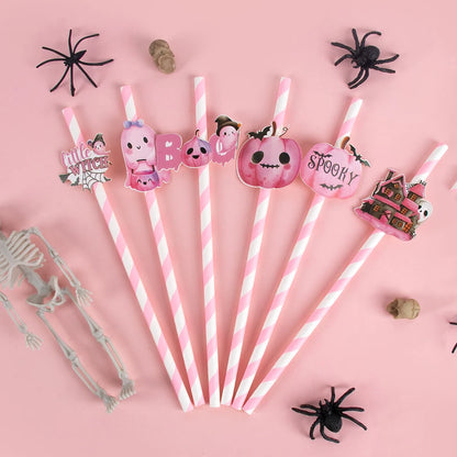 Set of 6/12 Halloween Paper Straws – Black and Pink Pumpkin, Ghost, and BOO Designs for Halloween Party Decorations