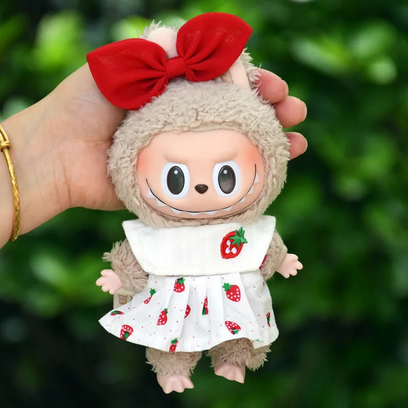 Labubu 17cm Doll Outfit – Strawberry Tank Top & Skirt Set with Princess White Shoes