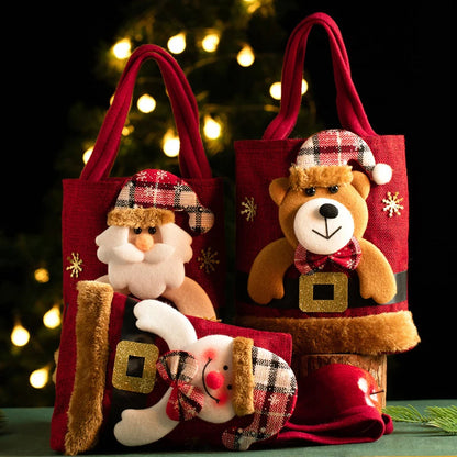 Christmas Linen Gift Bag – Santa Claus, Snowman, Elk, and Bear Designs