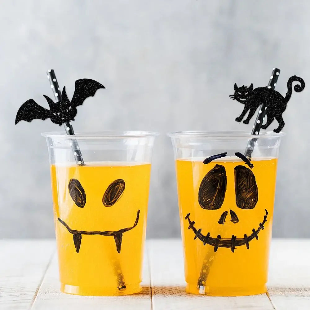 Set of 9 Halloween Paper Straws – Ghost, Pumpkin, and Witch Black Card Inserts for Halloween Party Decorations