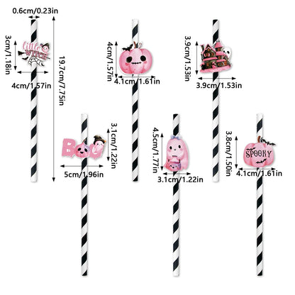 Set of 6/12 Halloween Paper Straws – Black and Pink Pumpkin, Ghost, and BOO Designs for Halloween Party Decorations