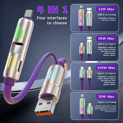 240W 4-in-1 USB C Fast Charger Cable – Silicone, Durable & Universal