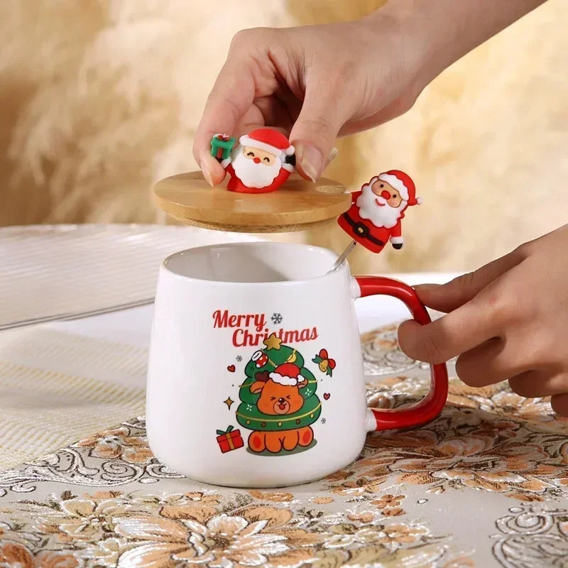 Elegant Christmas Ceramic Mug Set (400 ml) with Lid and Spoon