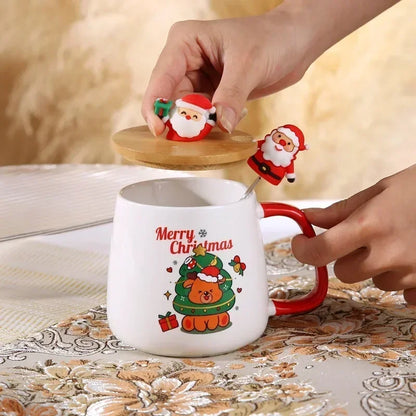 Elegant Christmas Ceramic Mug Set (400 ml) with Lid and Spoon