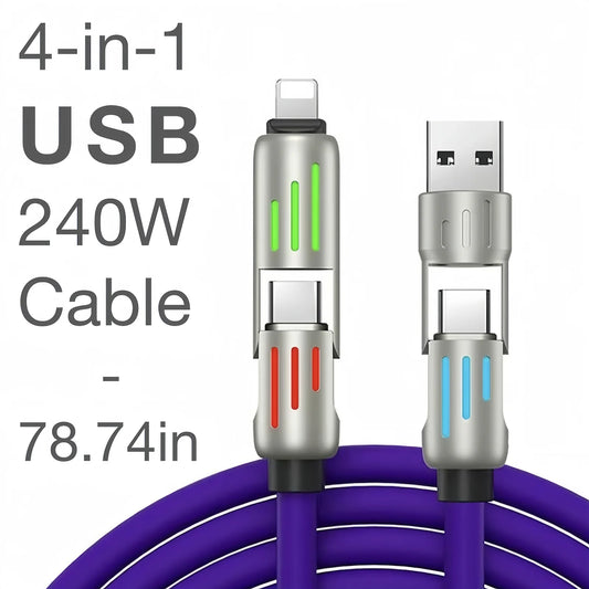 240W 4-in-1 USB C Fast Charger Cable – Silicone, Durable & Universal