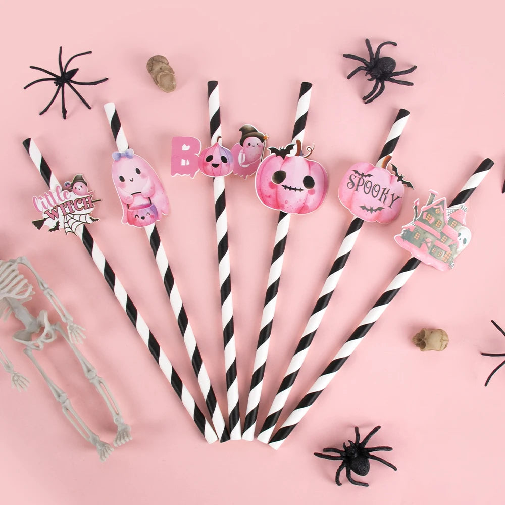 Set of 6/12 Halloween Paper Straws – Black and Pink Pumpkin, Ghost, and BOO Designs for Halloween Party Decorations