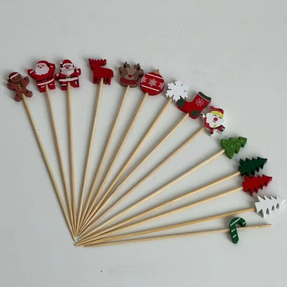 50 Christmas Bamboo Fruit Sticks – Festive Designs in Snowflake, Tree, Elk, Santa, and Snowman