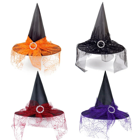 Witch Hat Halloween Hat Decoration Props for Adults Children Cosplay Witch Net Gauze Headwear Polyester Taff Witch Halloween