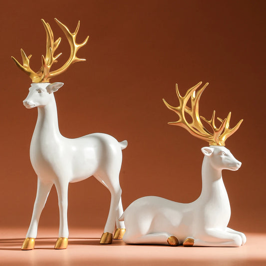 Solid Resin Reindeer Figurines - White Deer Statue with Gold Accents