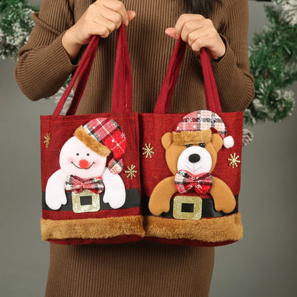 Christmas Linen Gift Bag – Santa Claus, Snowman, Elk, and Bear Designs