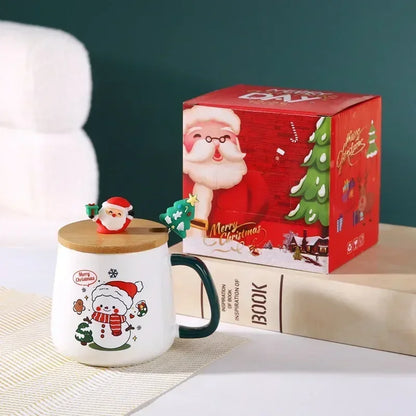 400ml Christmas Ceramic Mug Set – Festive Design with Wooden Lid & Spoon, Gift-Ready for 2025