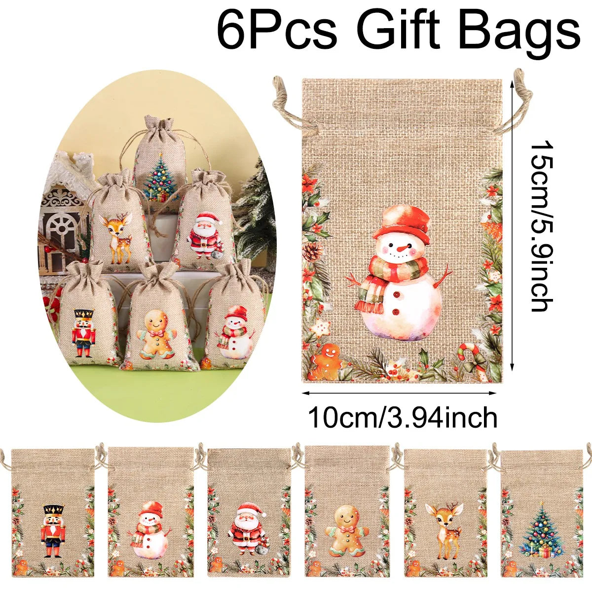 Ensemble de 6 sacs cadeaux de Noël en lin/toile de jute avec cordon de serrage