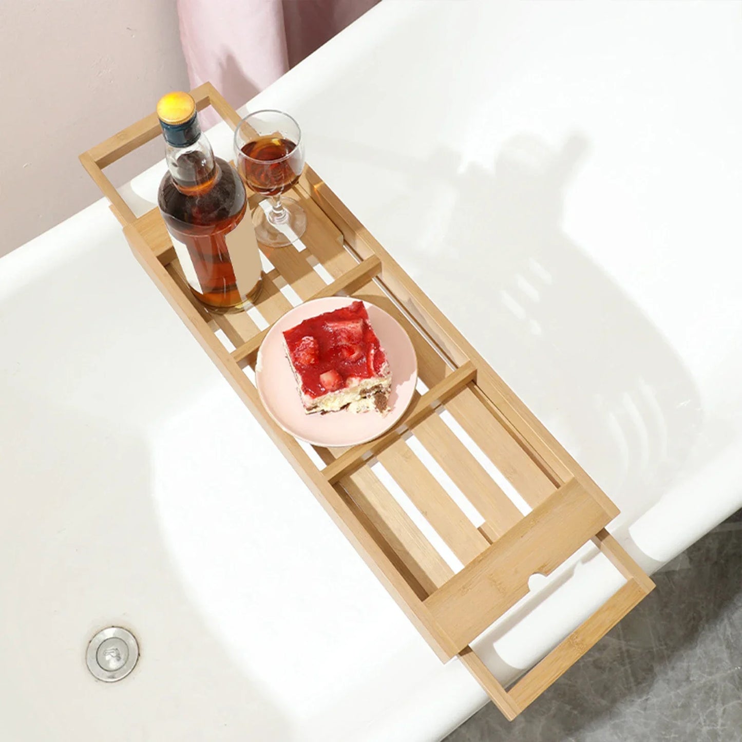 Expandable Wooden Bathtub Caddy Tray - Tablet and Wine Holder