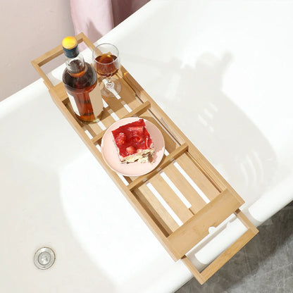 Expandable Wooden Bathtub Caddy Tray - Tablet and Wine Holder