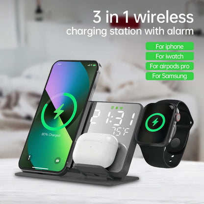 3-in-1 Wireless Charger with LED Digital Alarm Clock – Fast Charging Dock Station for iPhone, Apple Watch, and AirPods