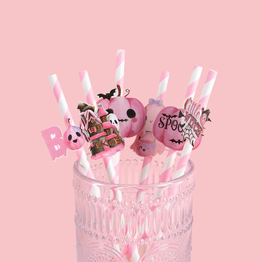 Set of 6/12 Halloween Paper Straws – Black and Pink Pumpkin, Ghost, and BOO Designs for Halloween Party Decorations