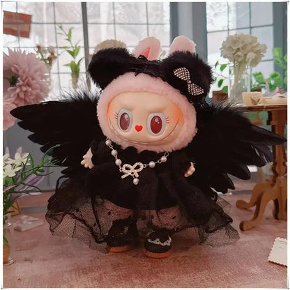 Conjunto de vestido de plumas de ángel en blanco y negro de Labubu: ropa elegante de Labubu para muñecas de vinilo de 17 cm. Conjunto de Labubu.