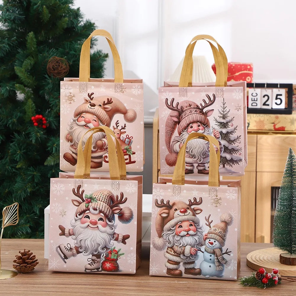 Embalaje navideño ecológico: bolsas navideñas duraderas de tela no tejida con diseños artísticos luminosos.