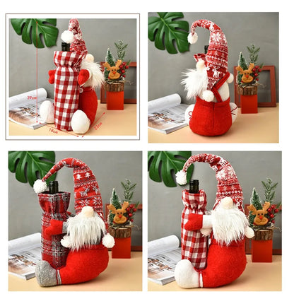 Funda para botella de vino con gnomo navideño - Decoración a cuadros y regalo
