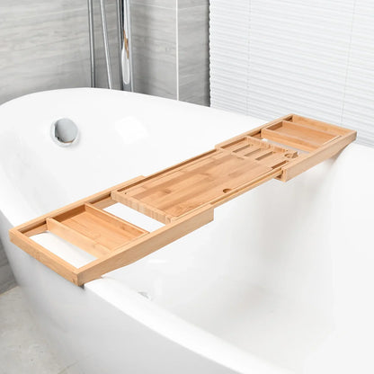 Expandable Wooden Bathtub Caddy Tray - Tablet and Wine Holder