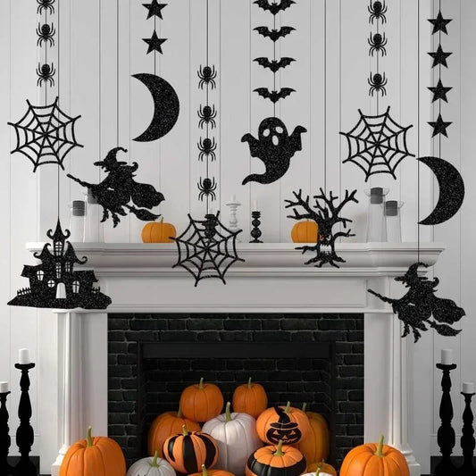 Set of 6 Halloween Hanging Banner Garlands – Scary Spider, Witch, Ghost, and Bat Ornaments for Home Party Decorations