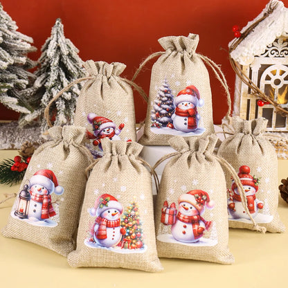 Ensemble de 6 sacs cadeaux de Noël en lin/toile de jute avec cordon de serrage