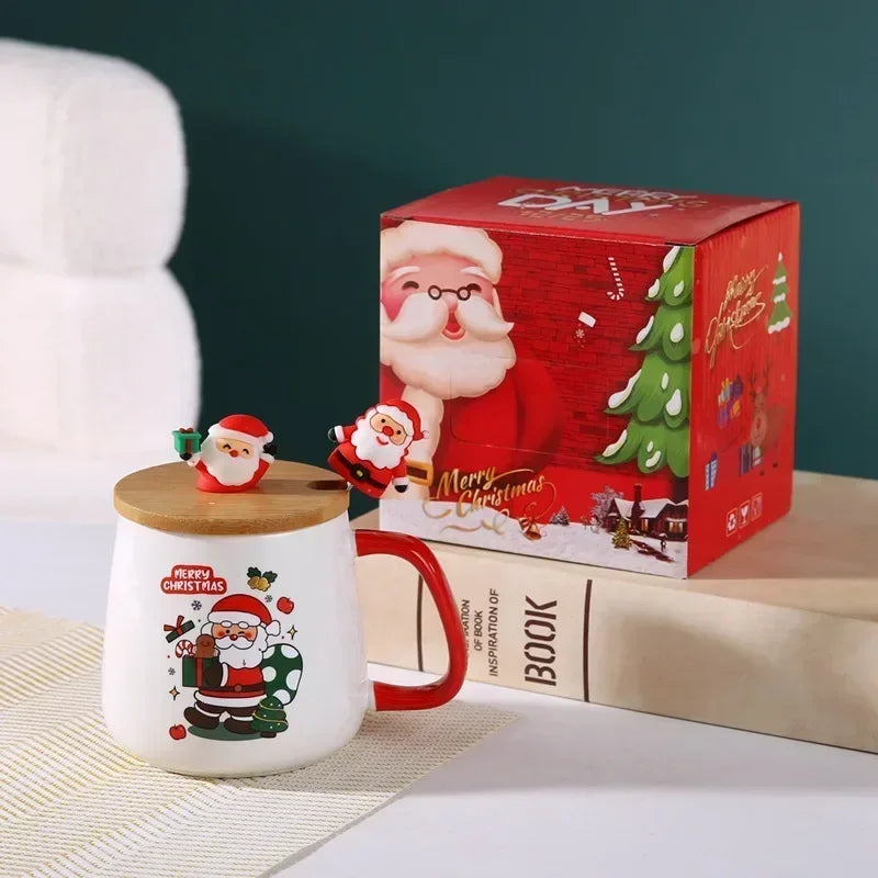 400ml Christmas Ceramic Mug Set – Festive Design with Wooden Lid & Spoon, Gift-Ready for 2025