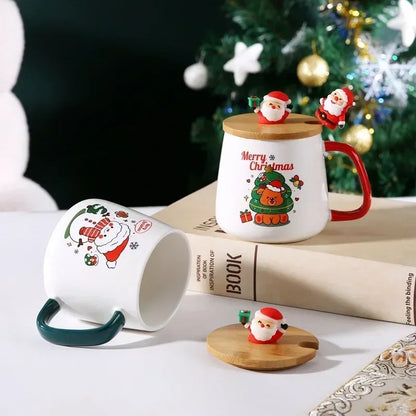 400ml Christmas Ceramic Mug Set – Festive Design with Wooden Lid & Spoon, Gift-Ready for 2025