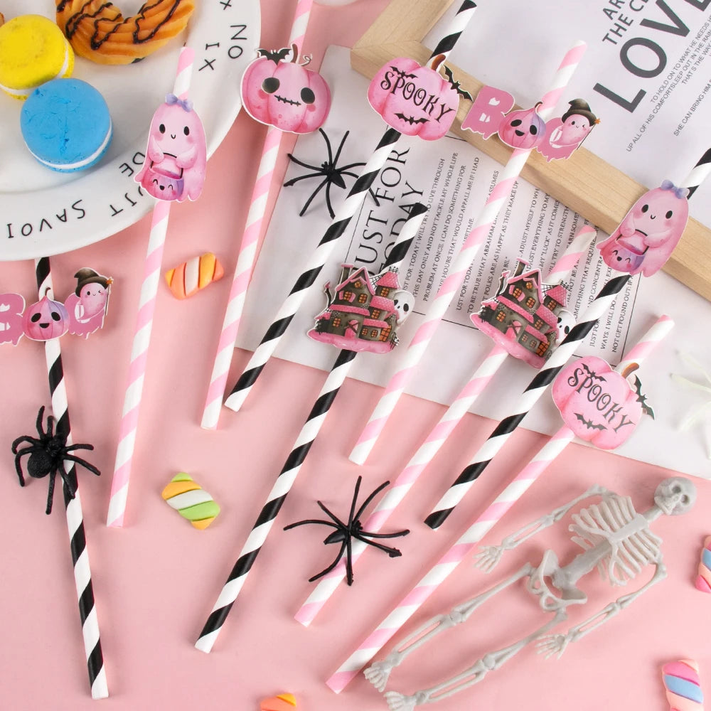 Set of 6/12 Halloween Paper Straws – Black and Pink Pumpkin, Ghost, and BOO Designs for Halloween Party Decorations