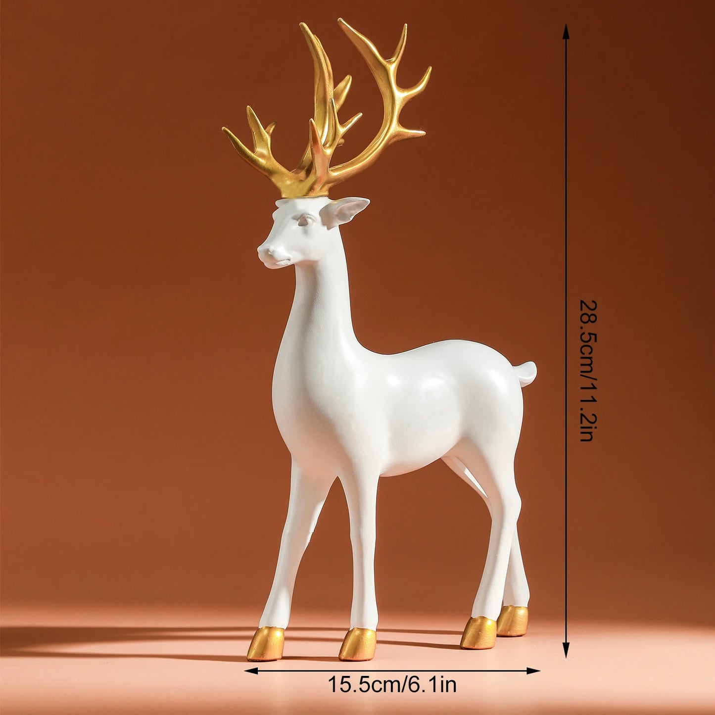 Solid Resin Reindeer Figurines - White Deer Statue with Gold Accents