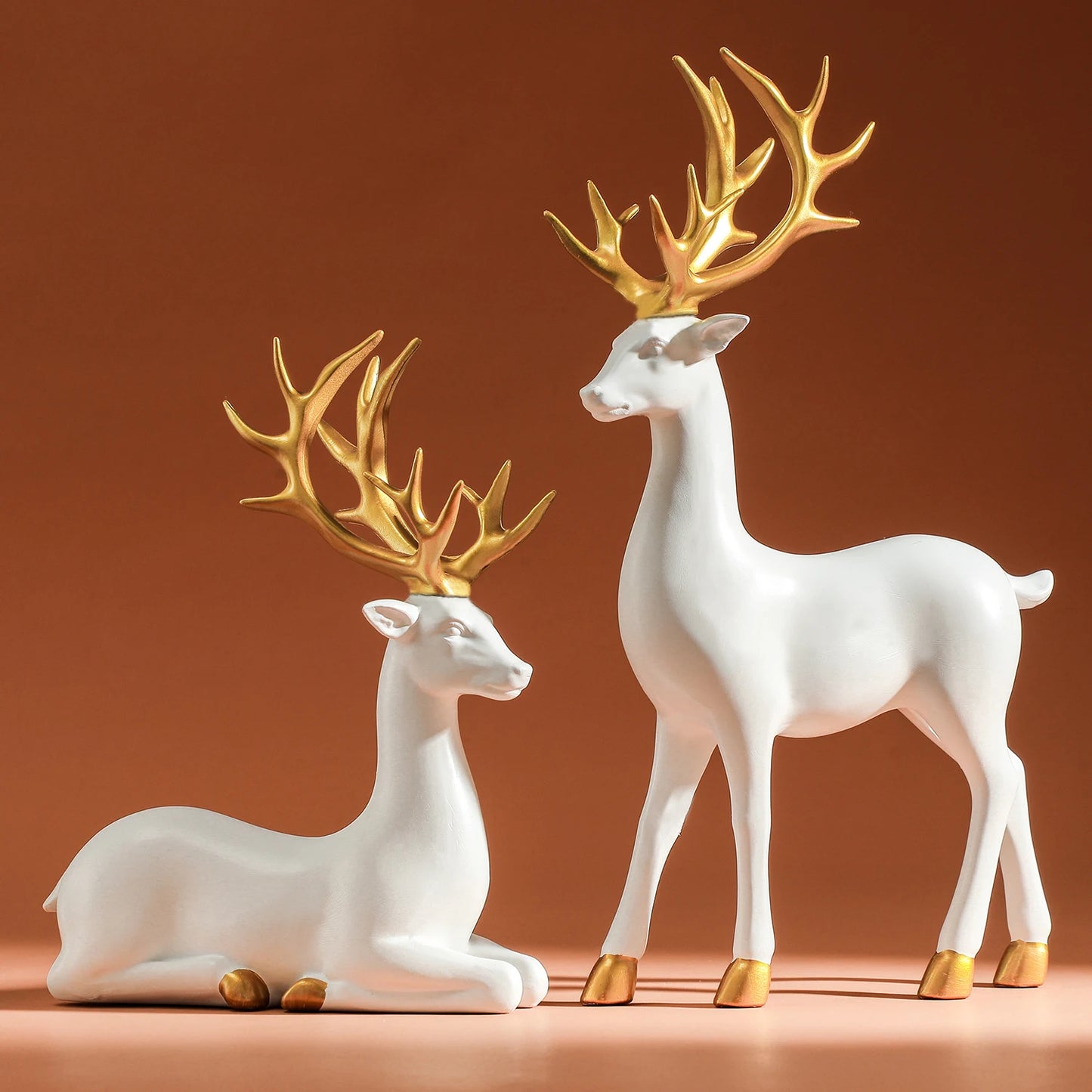 Solid Resin Reindeer Figurines - White Deer Statue with Gold Accents