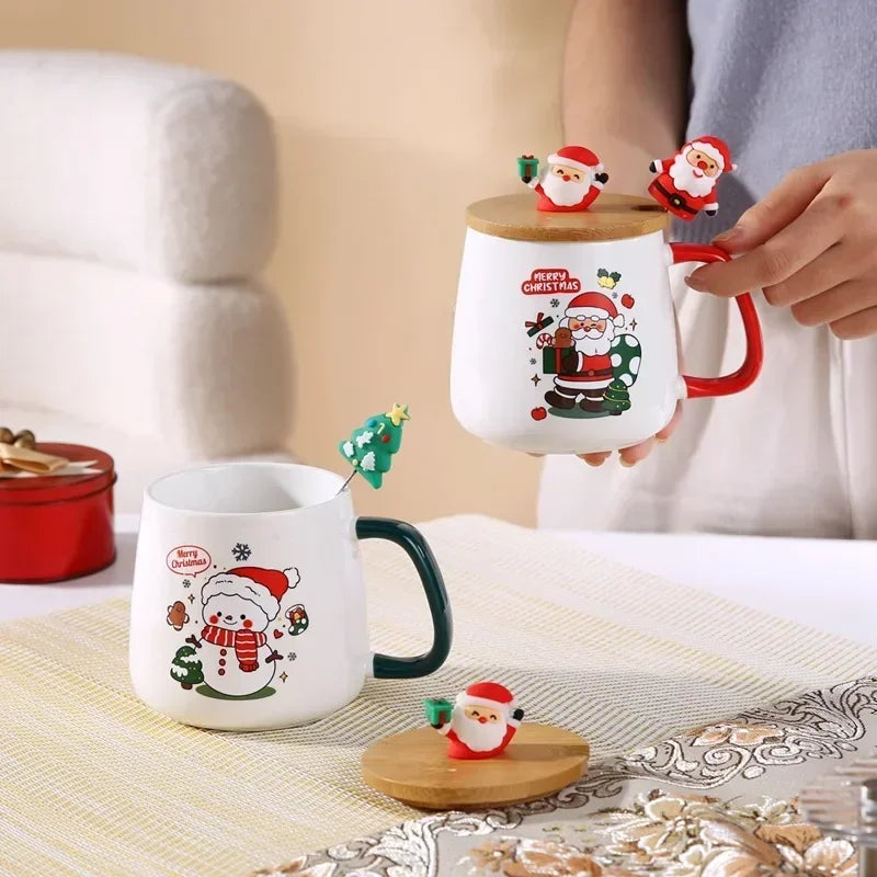 Elegant Christmas Ceramic Mug Set (400 ml) with Lid and Spoon