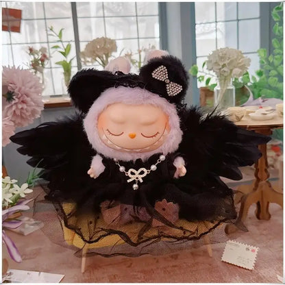 Conjunto de vestido de plumas de ángel en blanco y negro de Labubu: ropa elegante de Labubu para muñecas de vinilo de 17 cm. Conjunto de Labubu.