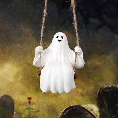 Halloween Ghost Rear-view Mirror Ornament – Resin Swinging Ghost Pendant