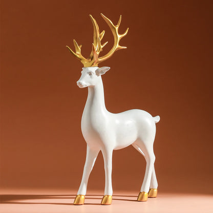 Solid Resin Reindeer Figurines - White Deer Statue with Gold Accents