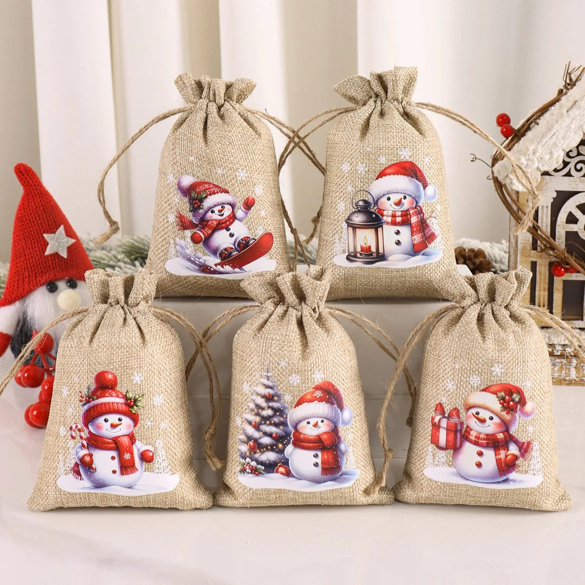 Ensemble de 6 sacs cadeaux de Noël en lin/toile de jute avec cordon de serrage