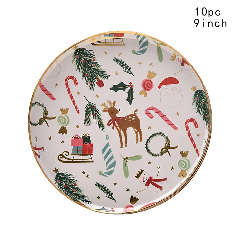 Christmas Party Disposable Tableware – Bronzing Deer and Santa Claus Pattern Plates, Cups, and Napkins for Merry Christmas Celebrations