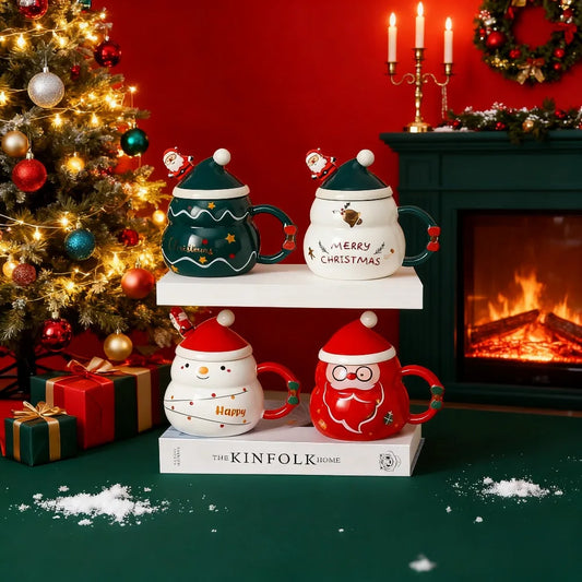 Nordic Christmas Ceramic Mug – Large Capacity Santa, Snowman & Tree Design