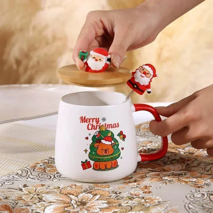 400ml Christmas Ceramic Mug Set – Festive Design with Wooden Lid & Spoon, Gift-Ready for 2025