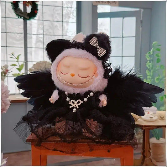Conjunto de vestido de plumas de ángel en blanco y negro de Labubu: ropa elegante de Labubu para muñecas de vinilo de 17 cm. Conjunto de Labubu.