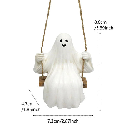 Halloween Ghost Rear-view Mirror Ornament – Resin Swinging Ghost Pendant