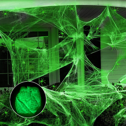 Halloween fluorescent spider webs glowing in the dark for outdoor horror decorations