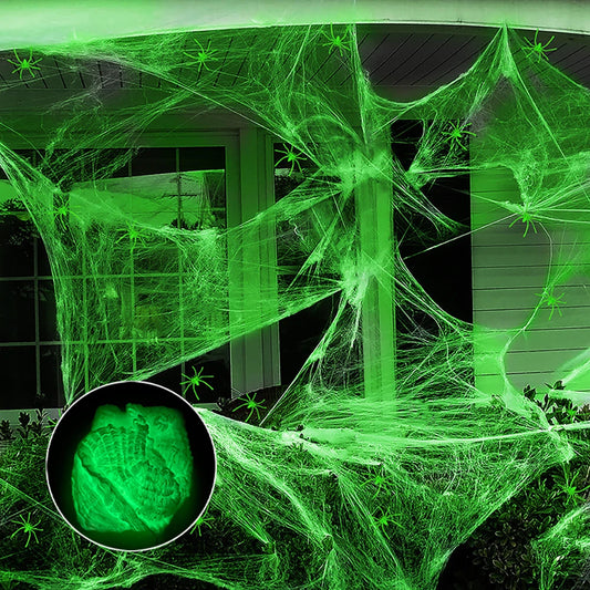 Halloween fluorescent spider webs glowing in the dark for outdoor horror decorations