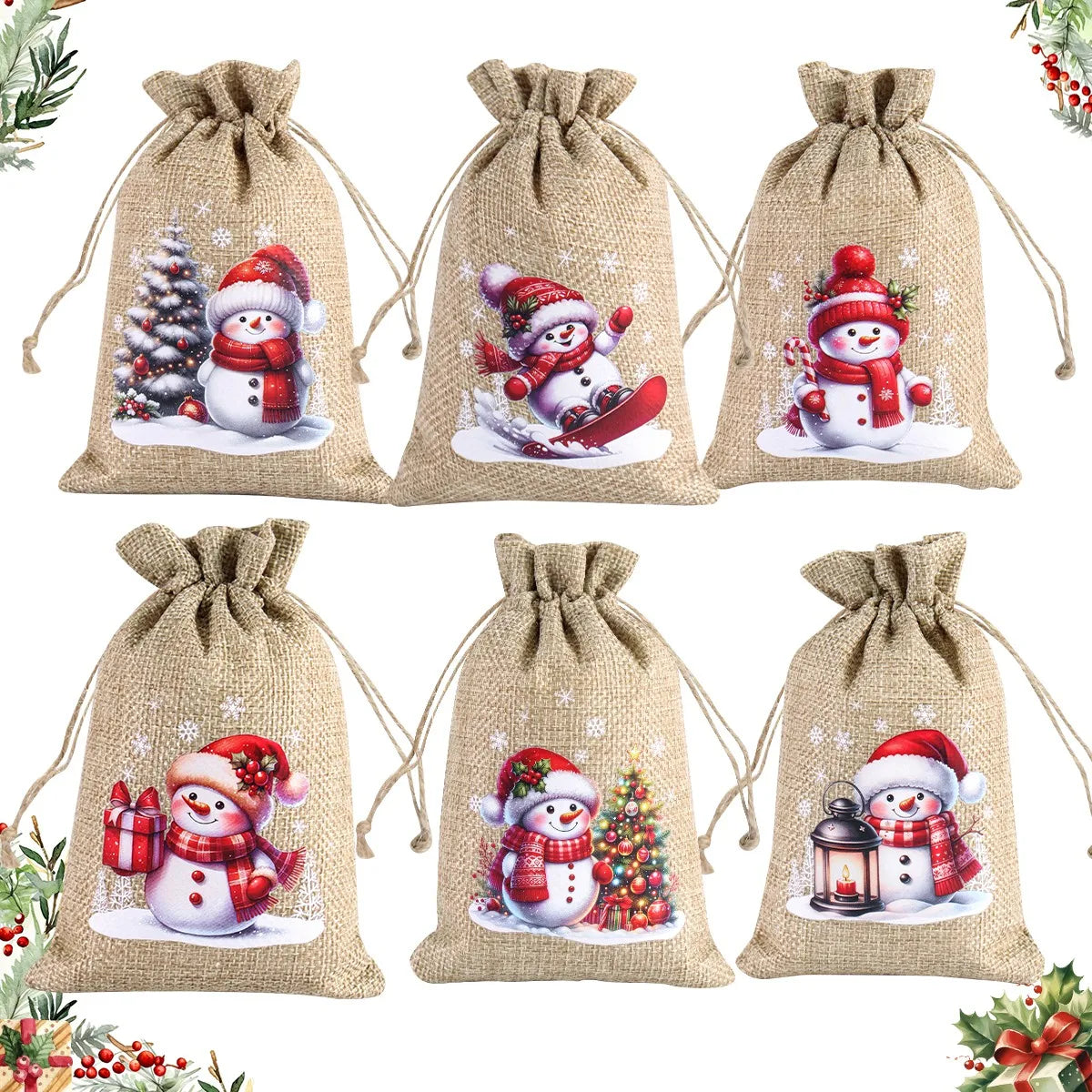 Ensemble de 6 sacs cadeaux de Noël en lin/toile de jute avec cordon de serrage