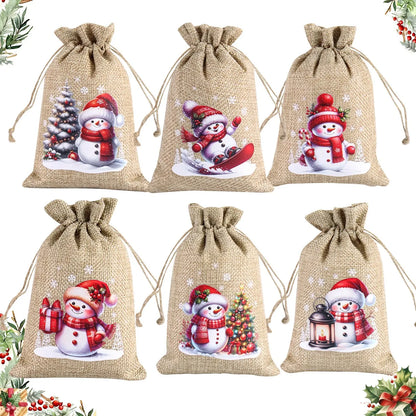 Ensemble de 6 sacs cadeaux de Noël en lin/toile de jute avec cordon de serrage