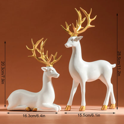 Solid Resin Reindeer Figurines - White Deer Statue with Gold Accents