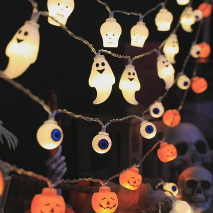 Halloween LED Light String – Pumpkin, Skull, and Eyeball Shaped Lanterns for Trick or Treat and Halloween Decorations