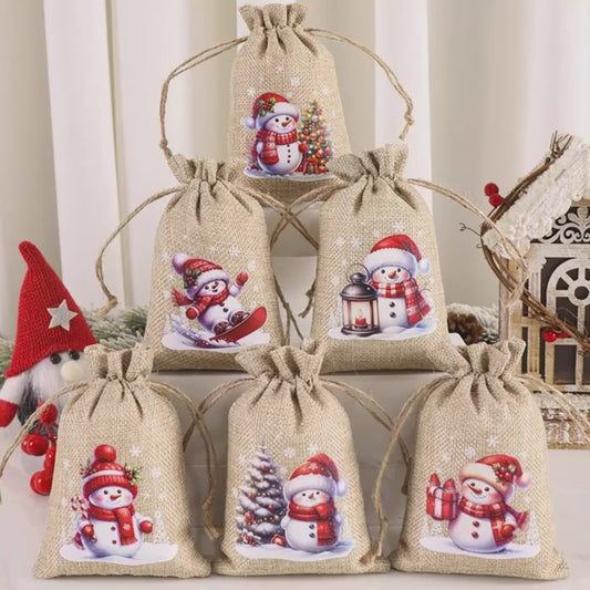 6 Pcs Christmas Linen/Burlap Drawstring Gift Bag Set